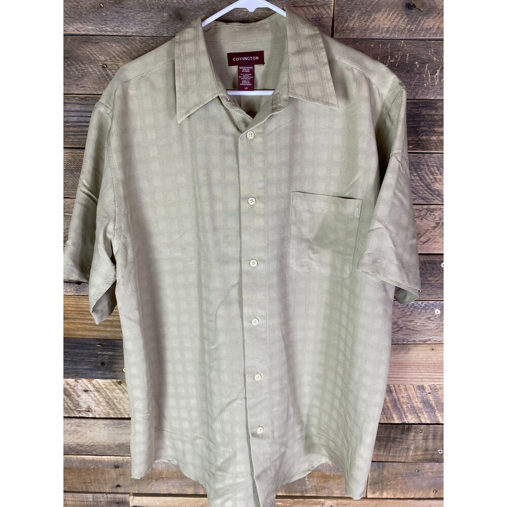 Covington Men's Large L/G Tan Khaki Casual Button Down Shirt Short Sleeve Rayon